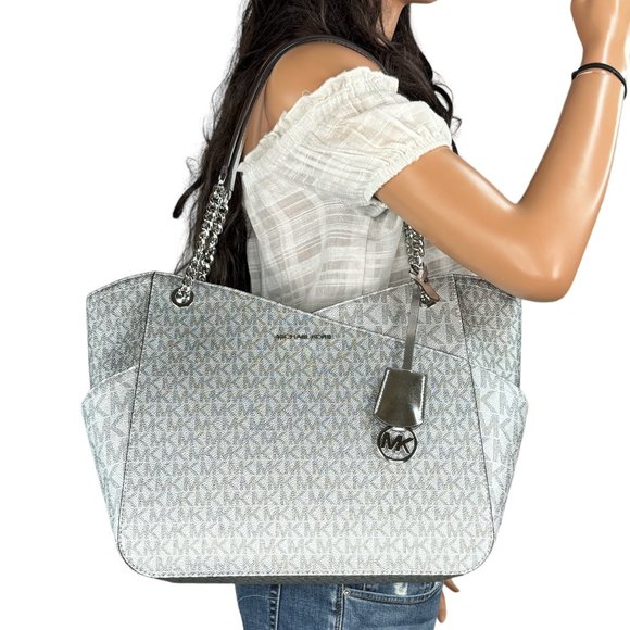 Michael Kors Jet Set Travel Large Chain Tote Shoulder Bag MK Silver - Picture 1 of 11
